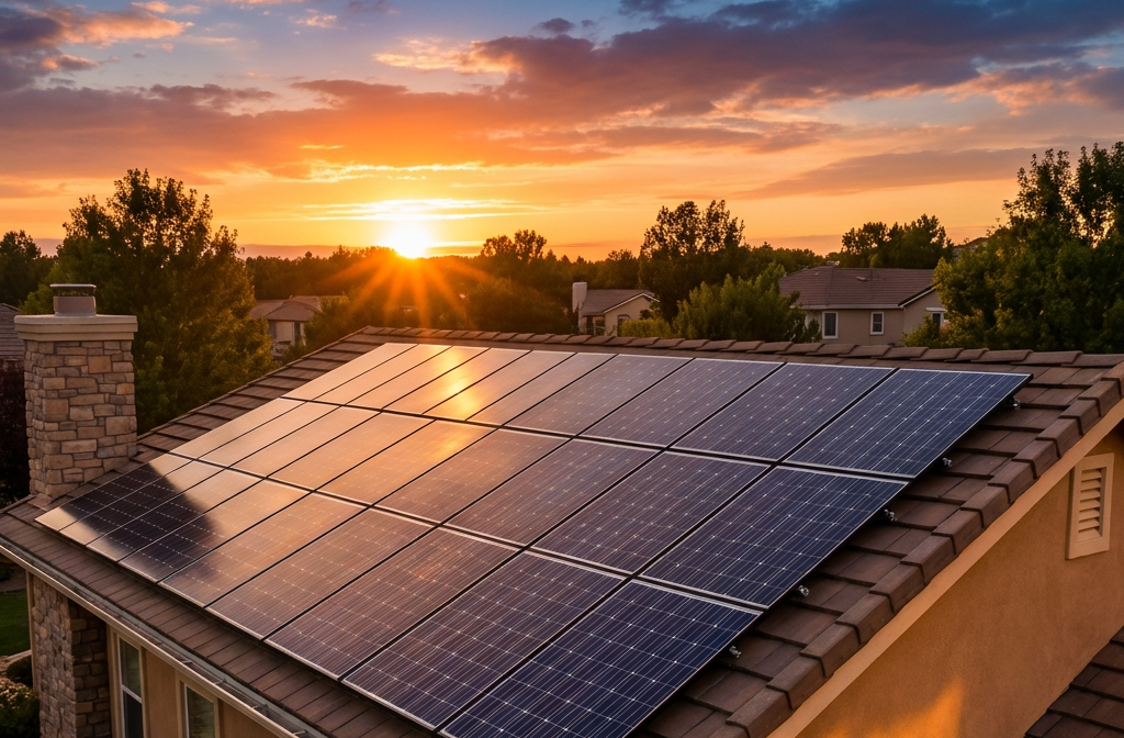 Home with solar panels and sun
