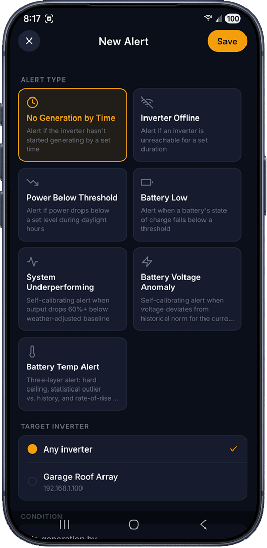 SolarMark smart alerts configuration screen showing seven alert types