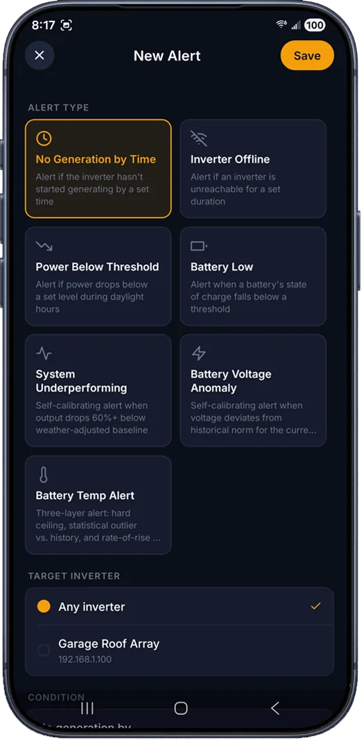 SolarMark smart alerts configuration screen showing seven alert types