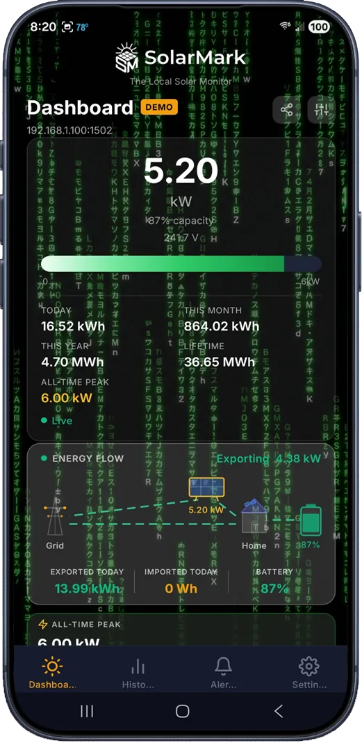 SolarMark Matrix theme showing dark dashboard with green gauge and matrix-style background
